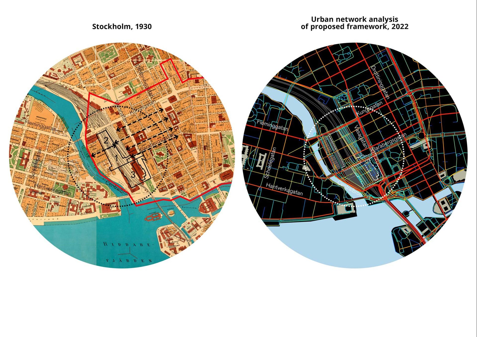 Historic maps of the city act as a main design driver for the proposal for the Stockholm Central Station competition; the UDG investigated compared early city grids of the Central Station area with analysis of the existing street connectivity to better understand current connectivity and identify opportunities for improvement. © Foster + Partners