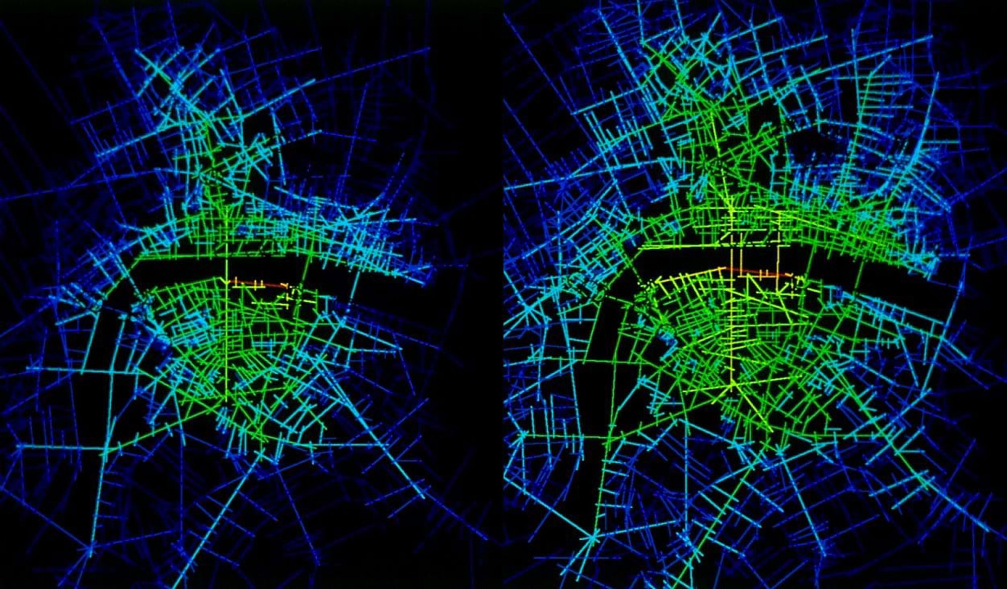 Diagrams by Space Syntax, University College London, showing the distribution of pedestrian traffic in the St Paul’s and Bankside areas before (left) and after (right) the completion of the Bridge. © Space Syntax