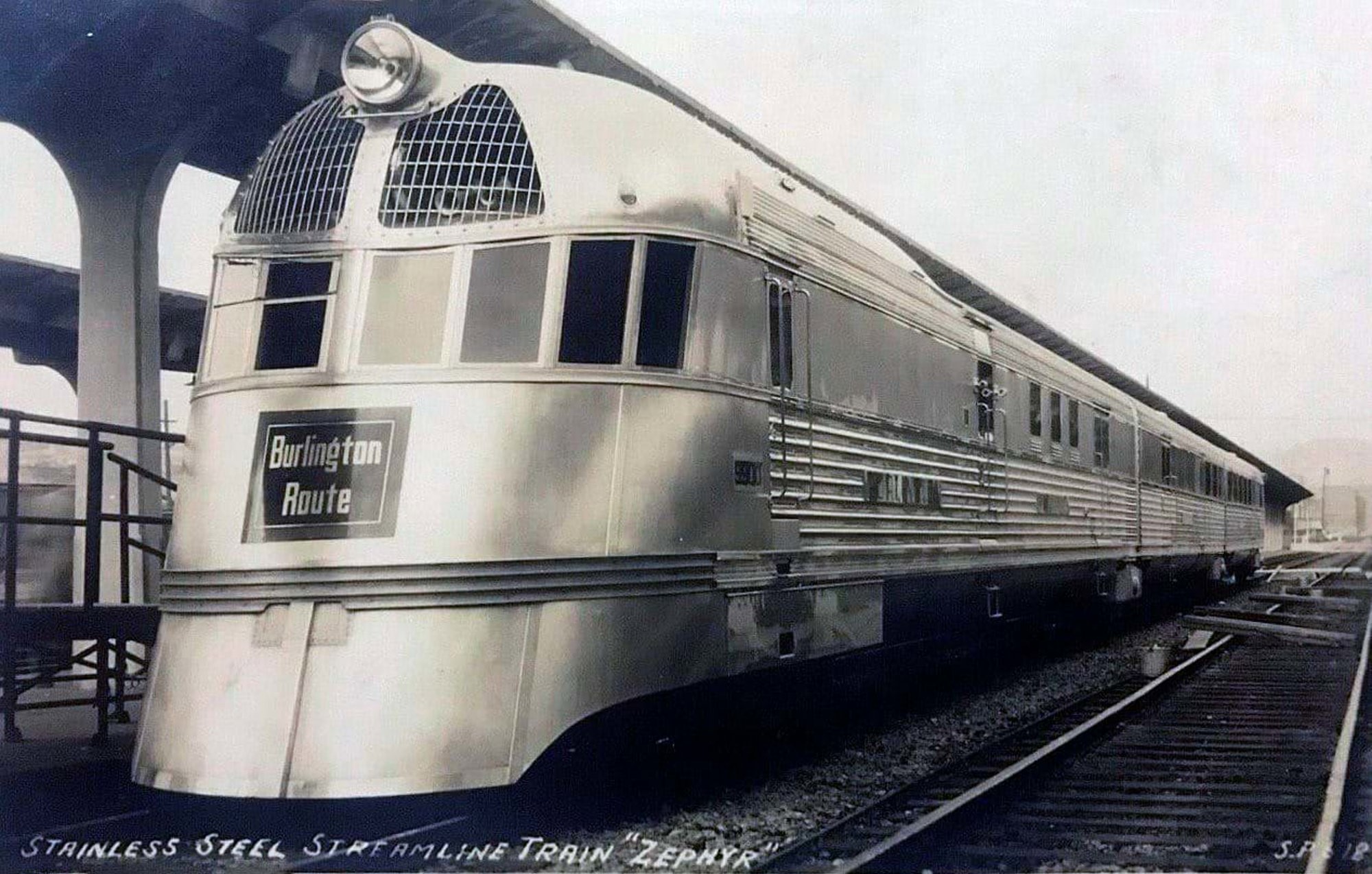 The stainless-steel Pioneer Zephyr, built by the Budd Company and first unveiled at the Pennsylvania Railroad's Broad Street Station in Philadelphia,1934. Budd pioneered new ways of welding large, thin sheets of stainless steel.